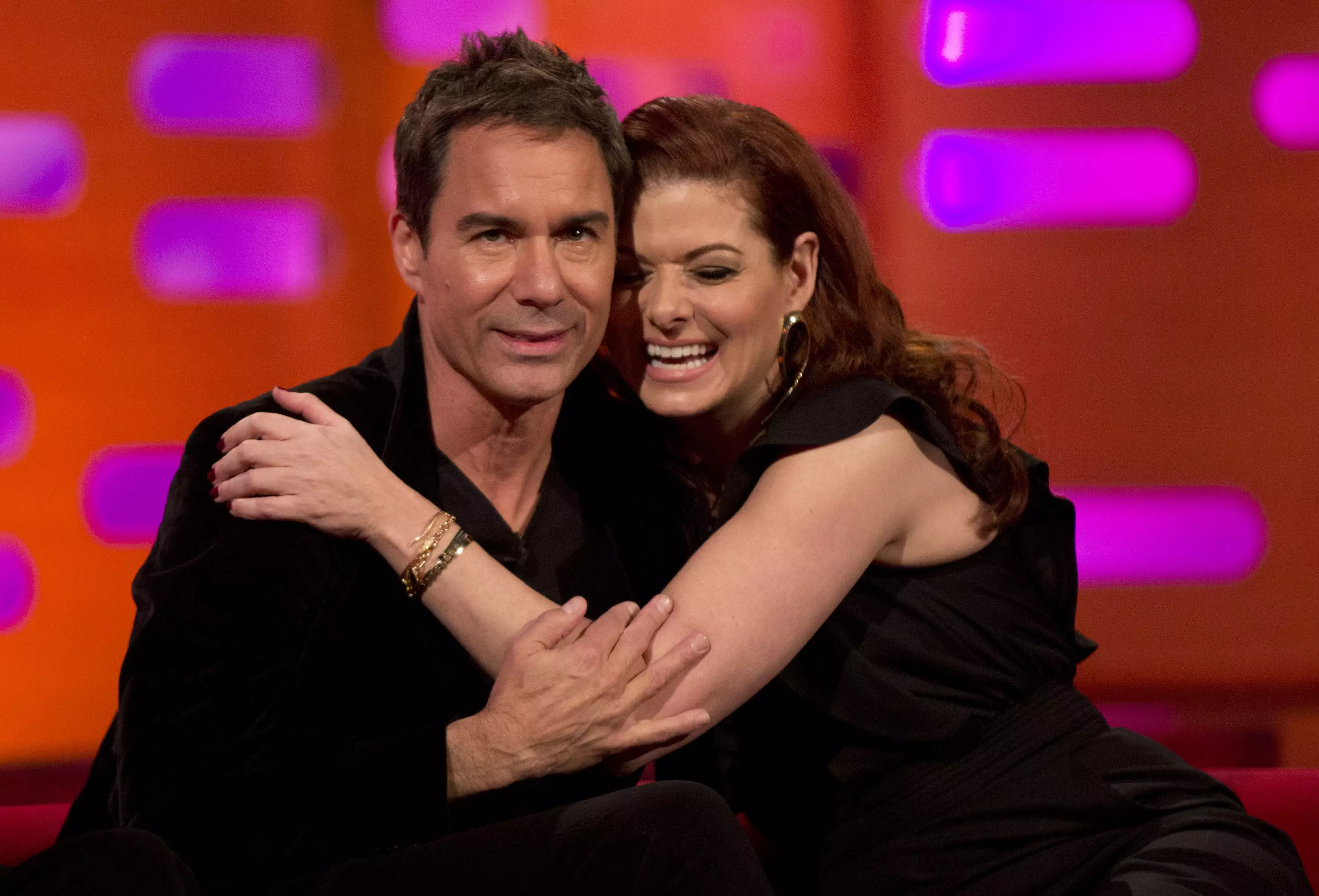 Eric McCormack and Debra Messing during filming of the Graham Norton Show.
