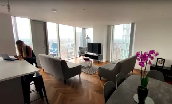 The couple's new apartment boasts incredible views over Manchester (