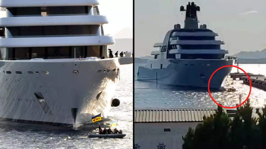 Ukrainians In Tiny Dinghy Try To Stop Roman Abramovich's Super Yacht From Docking