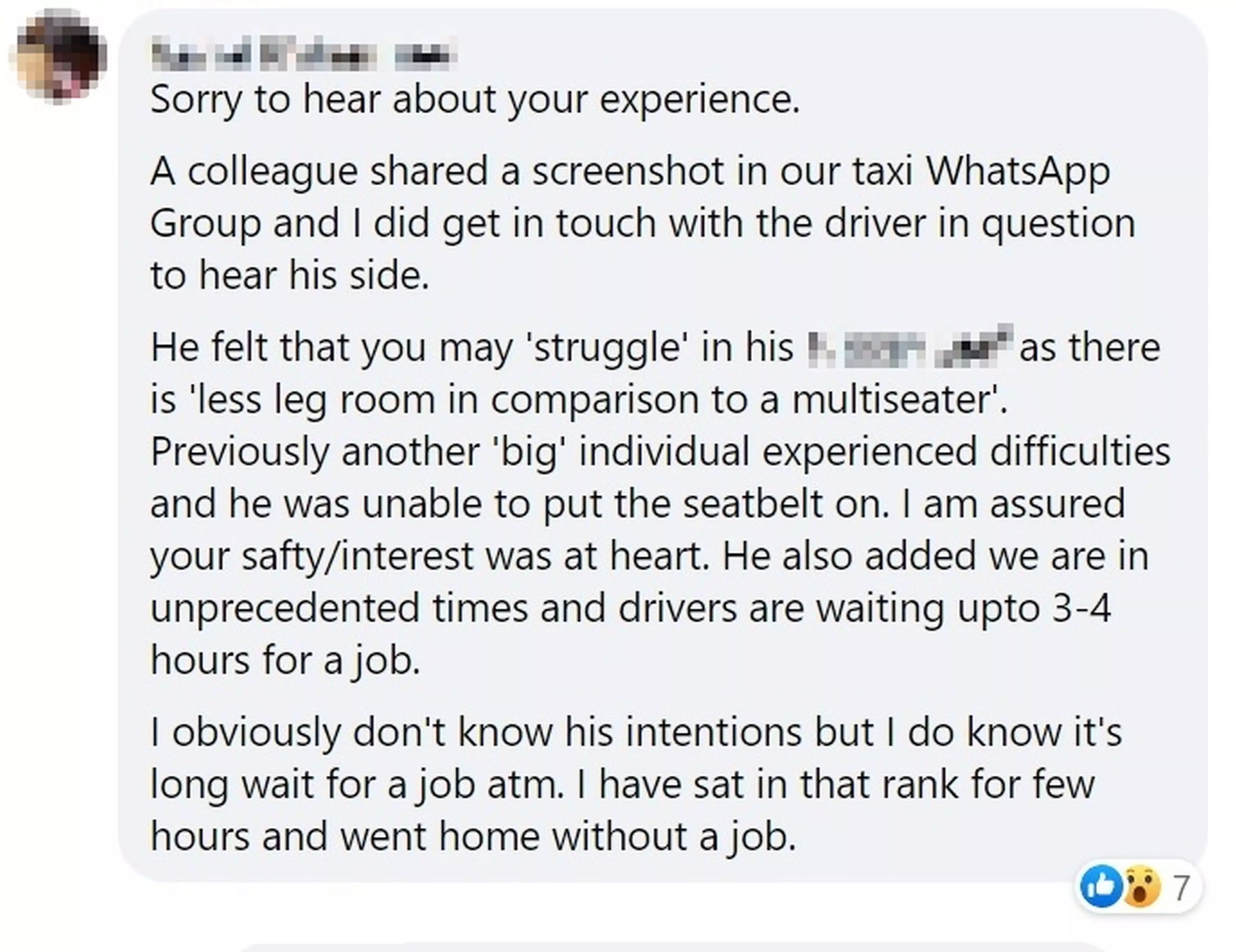 One of the driver's colleagues commented on the post (