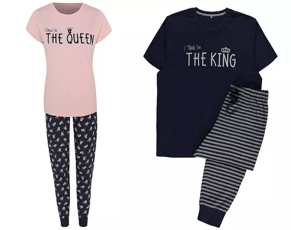 The king and queen pyjama sets will cost £10 apiece.