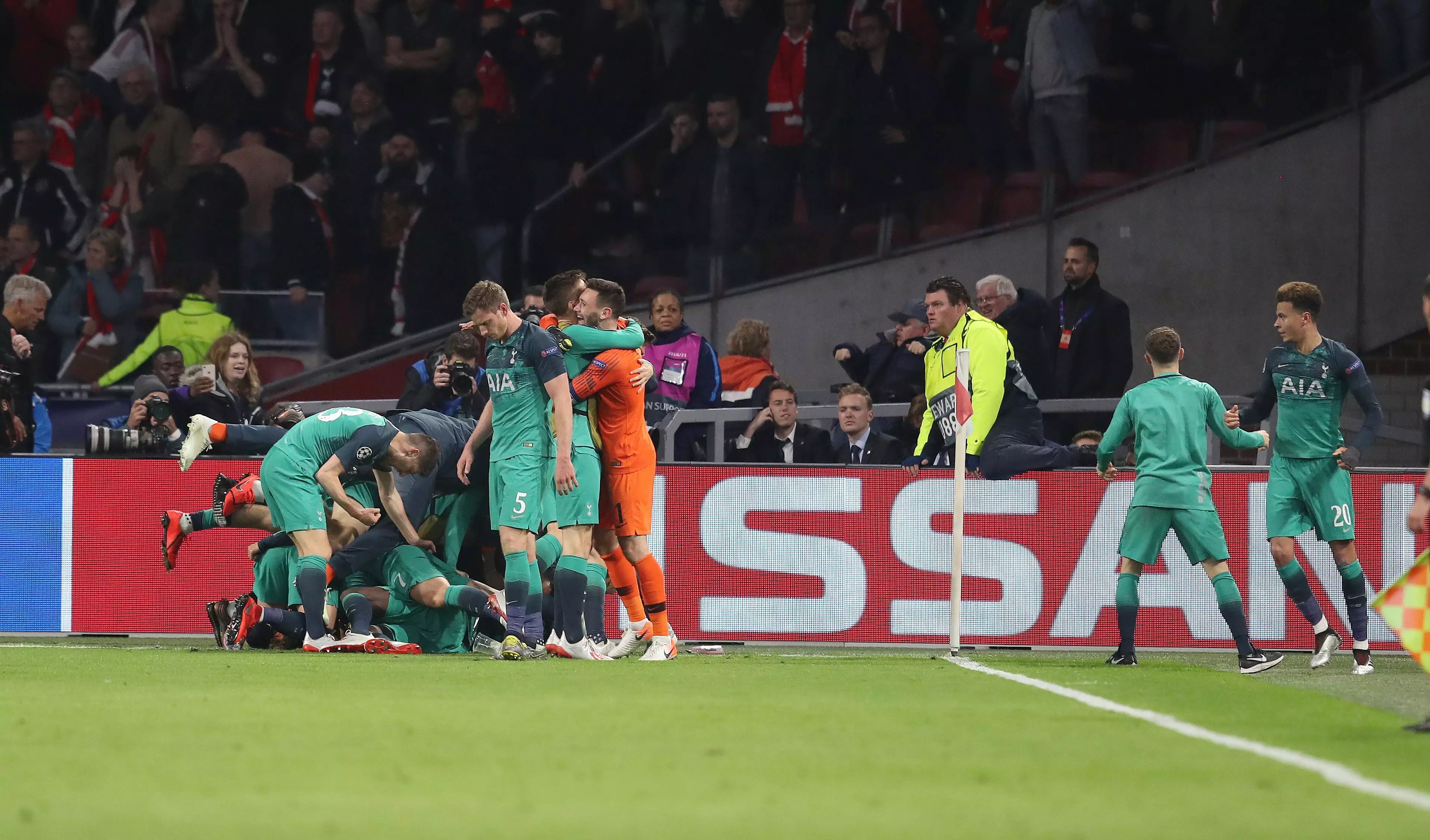 Spurs celebrate their incredible comeback against Ajax to make it to the final. Image: PA Images