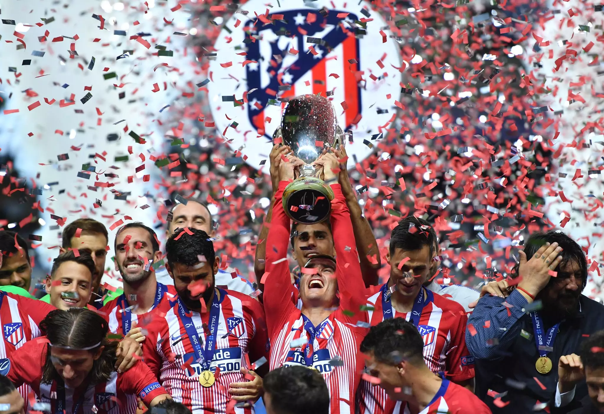 Griezmann raises the UEFA Super Cup. Image: PA