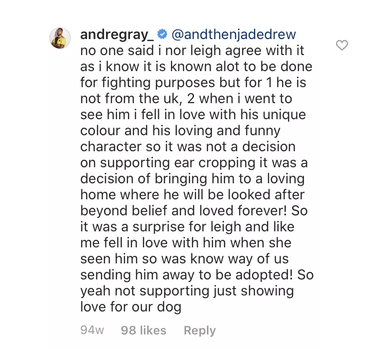 The reply from Andre Gray on Instagram (