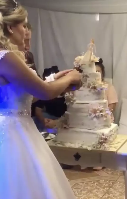 Bride cutting cake.