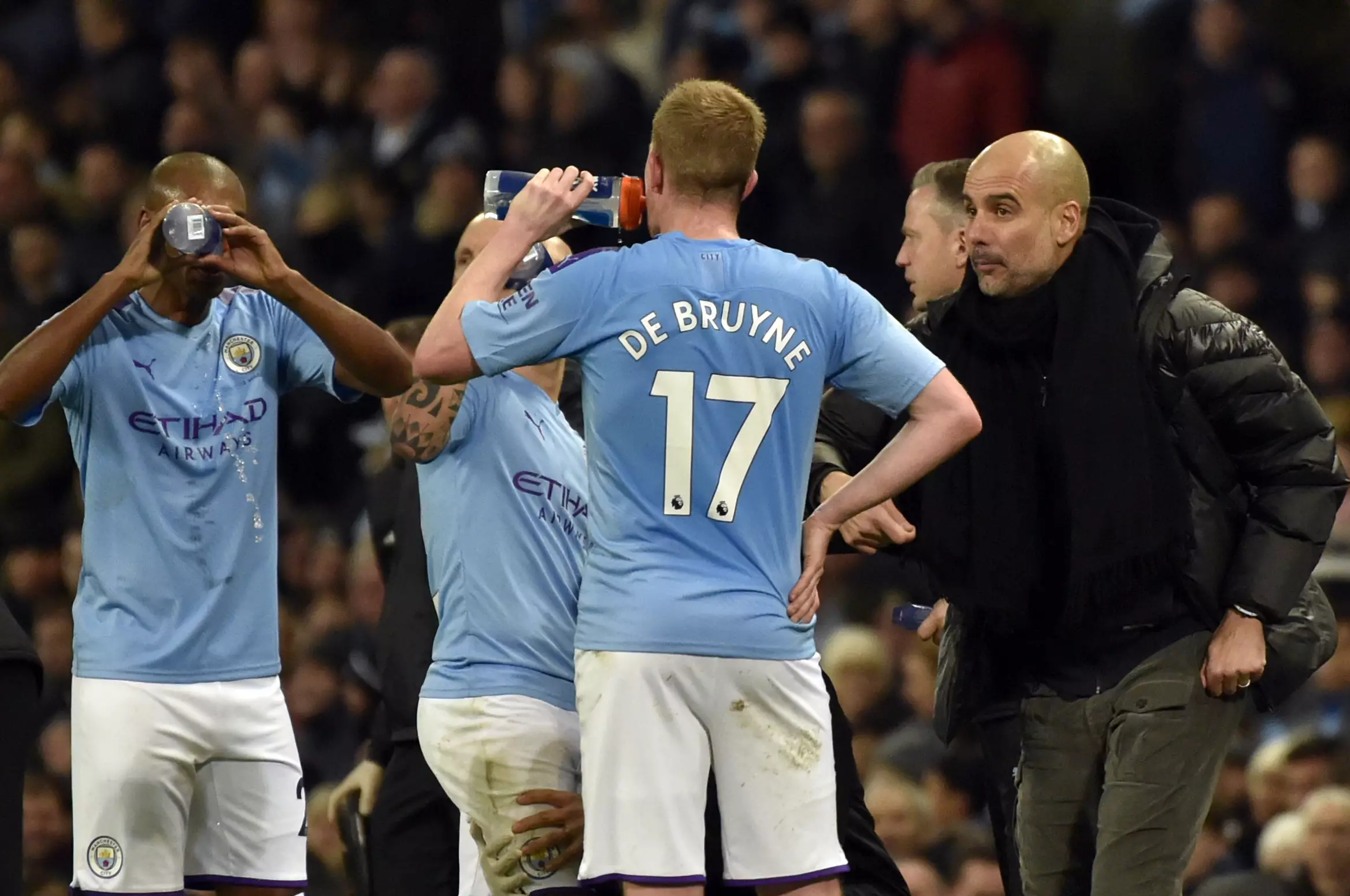 Guardiola giving his fans a talking to during the loss in the Manchester derby. Image: PA Images