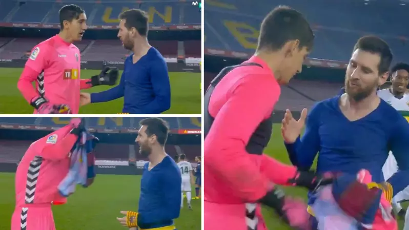 Elche Goalkeeper Edgar Badia Looks Genuinely Shocked When Lionel Messi Asks For His Shirt 