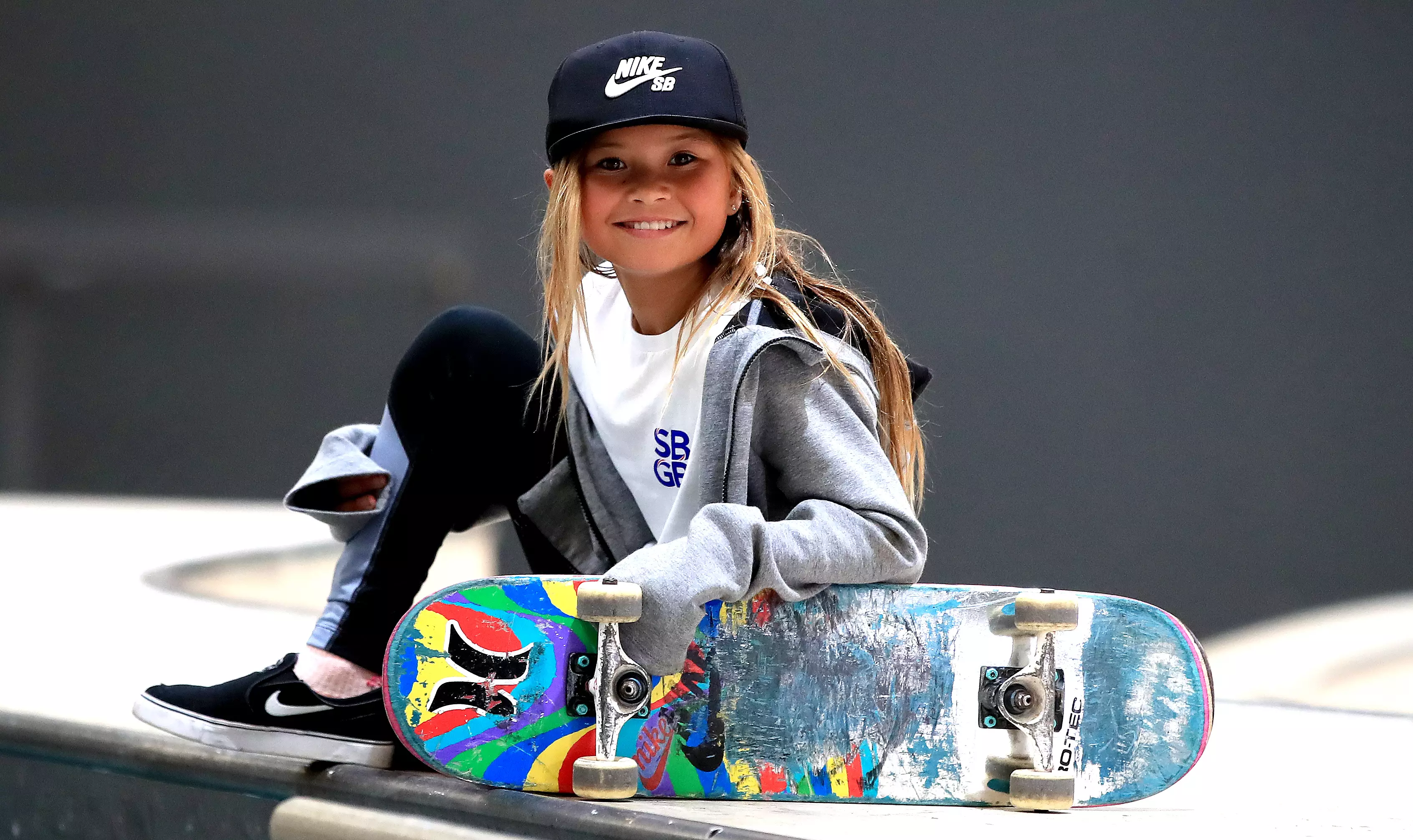 Sky Brown, age 10, during the Skateboard GB Team Announcement at the Graystone Action Academy, Manchester in 2019. (