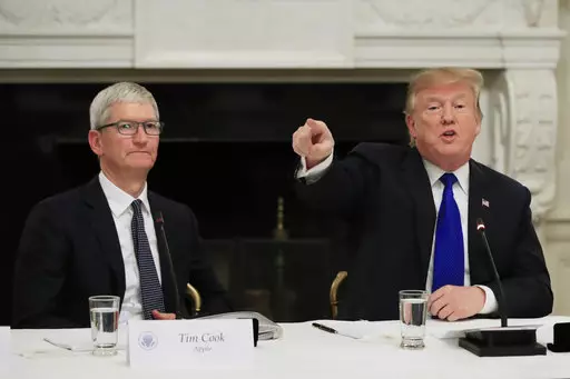 Donald Trump at the American Workforce Policy Advisory Board's meeting with Tim Apple, I mean, Tim Cook.