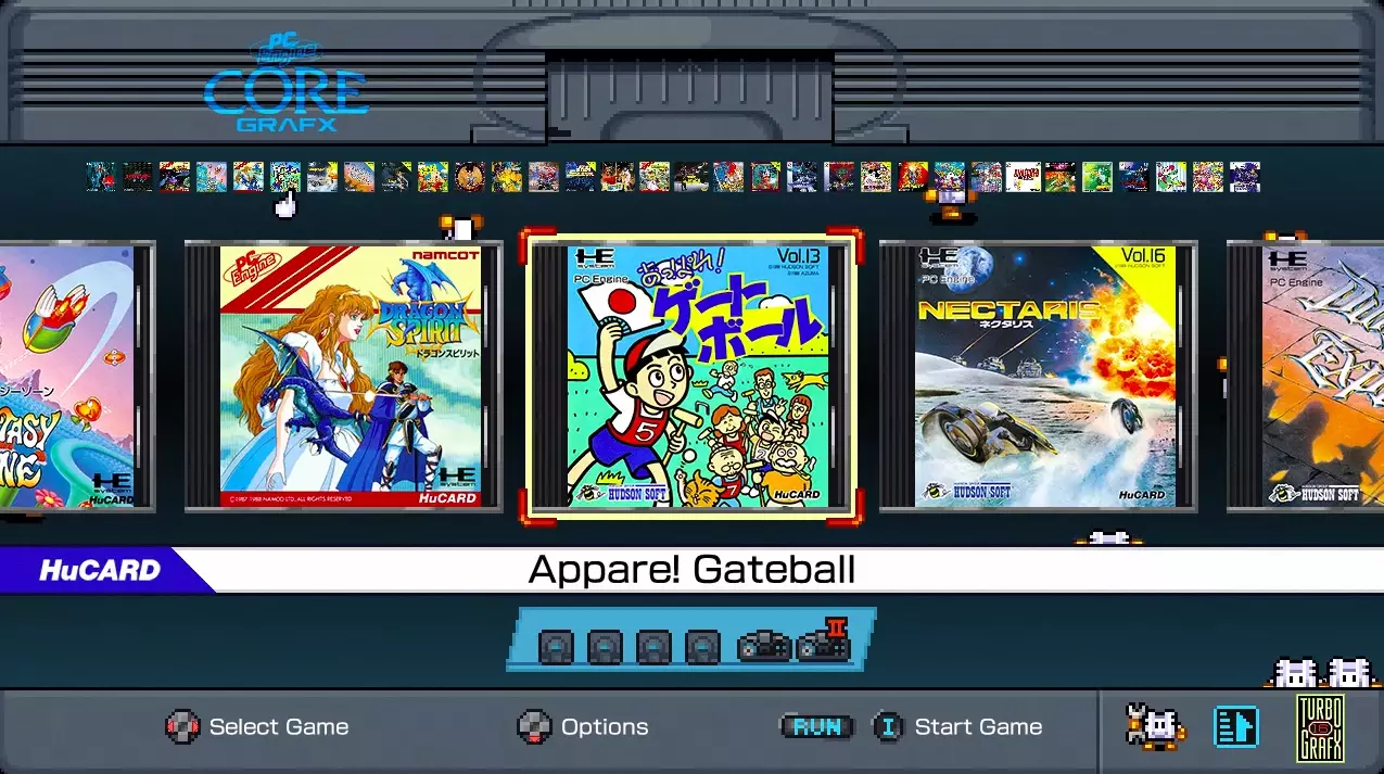 The Mini's UI is easy to navigate, with animated mascots in the background, and each game has four save slots (all screens credit: Konami)