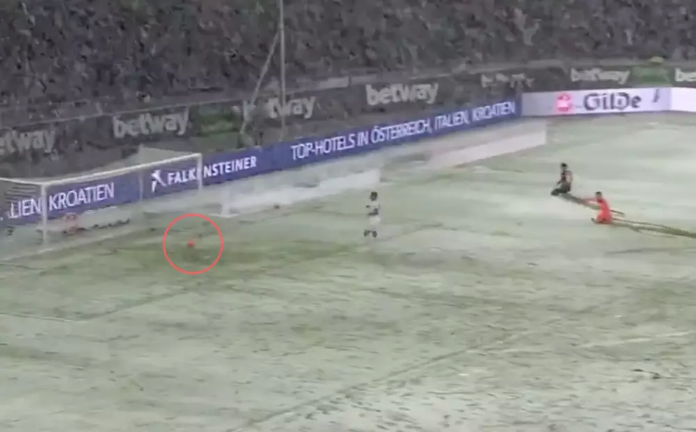 Hannover Player's Shot Cleared Off The Line After Snow Slows Down The Ball 