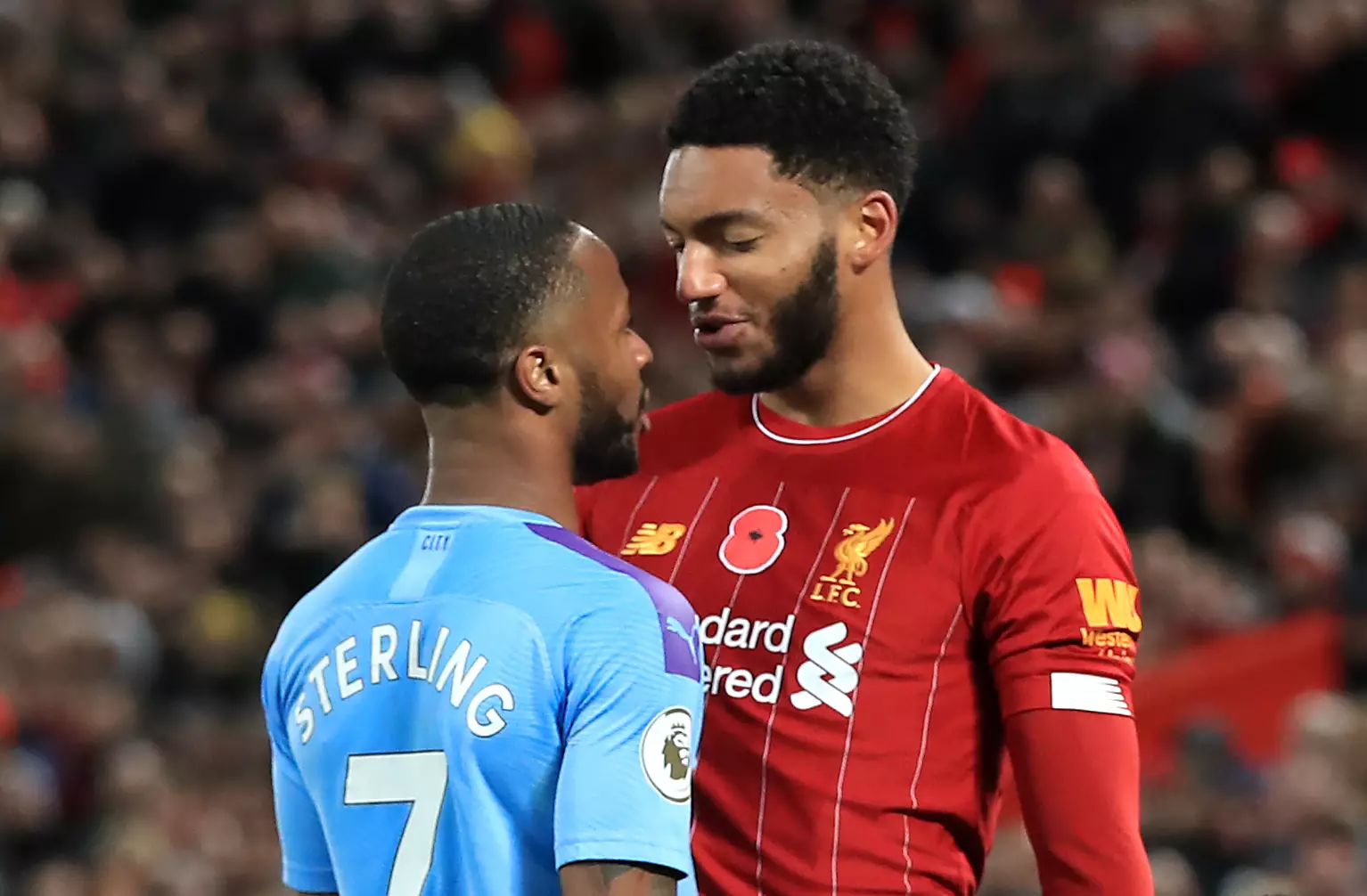 Gomez and Sterling square up during the original incident. Image: PA Images