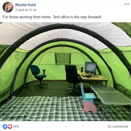 Nicola Hunt, an accountant from Gloucestershire, saw an opportunity to turn her family tent into an office studio. (