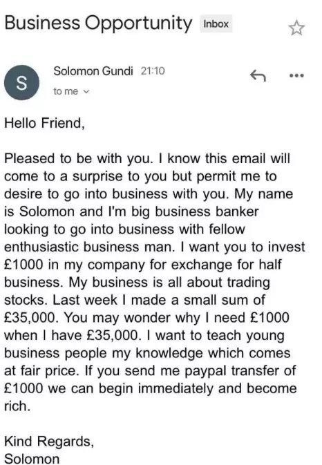 The scammer wanted a grand 'investment' for his business.