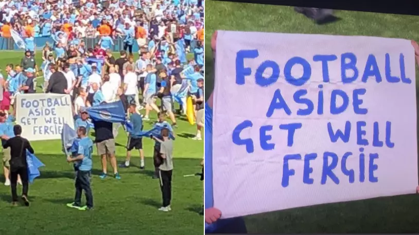 Two Manchester City Fans Hold Up Classy Banner Wishing Sir Alex Ferguson Well 
