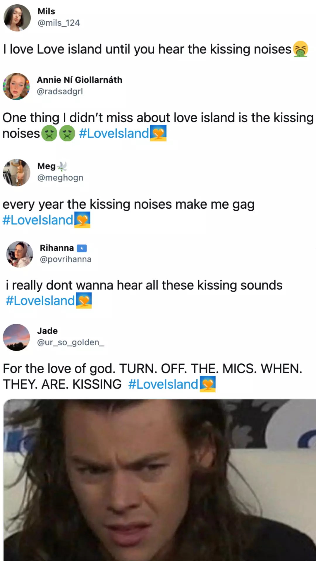 Love Island fans are begging producers to turn mics down when islanders are kissing (