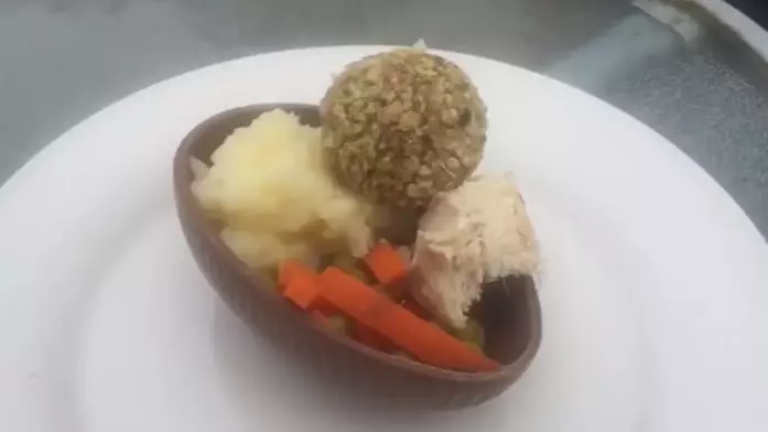 Woman Trolls Internet With Roast Dinner Served In An Easter Egg 