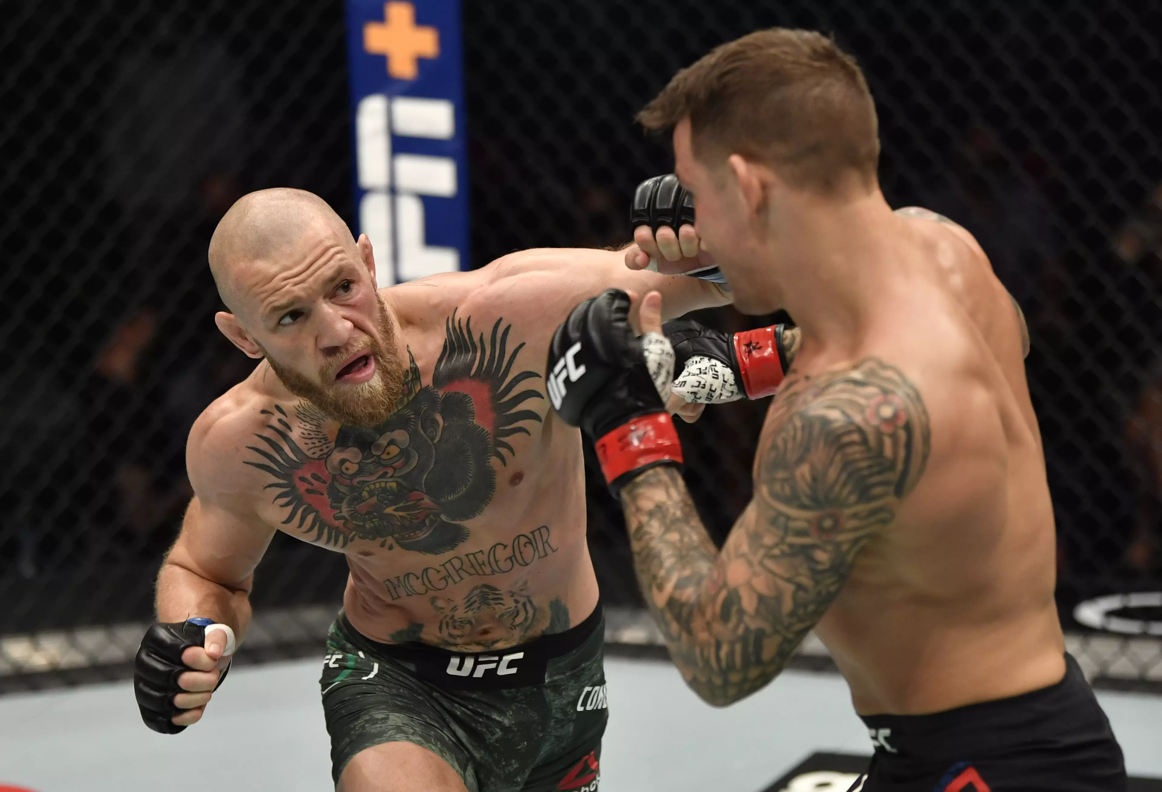 Conor McGregor in a fight against Dustin Poirier in January 2021.