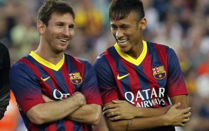 Neymar and Messi joke about being above Ronaldo. Image: PA Images
