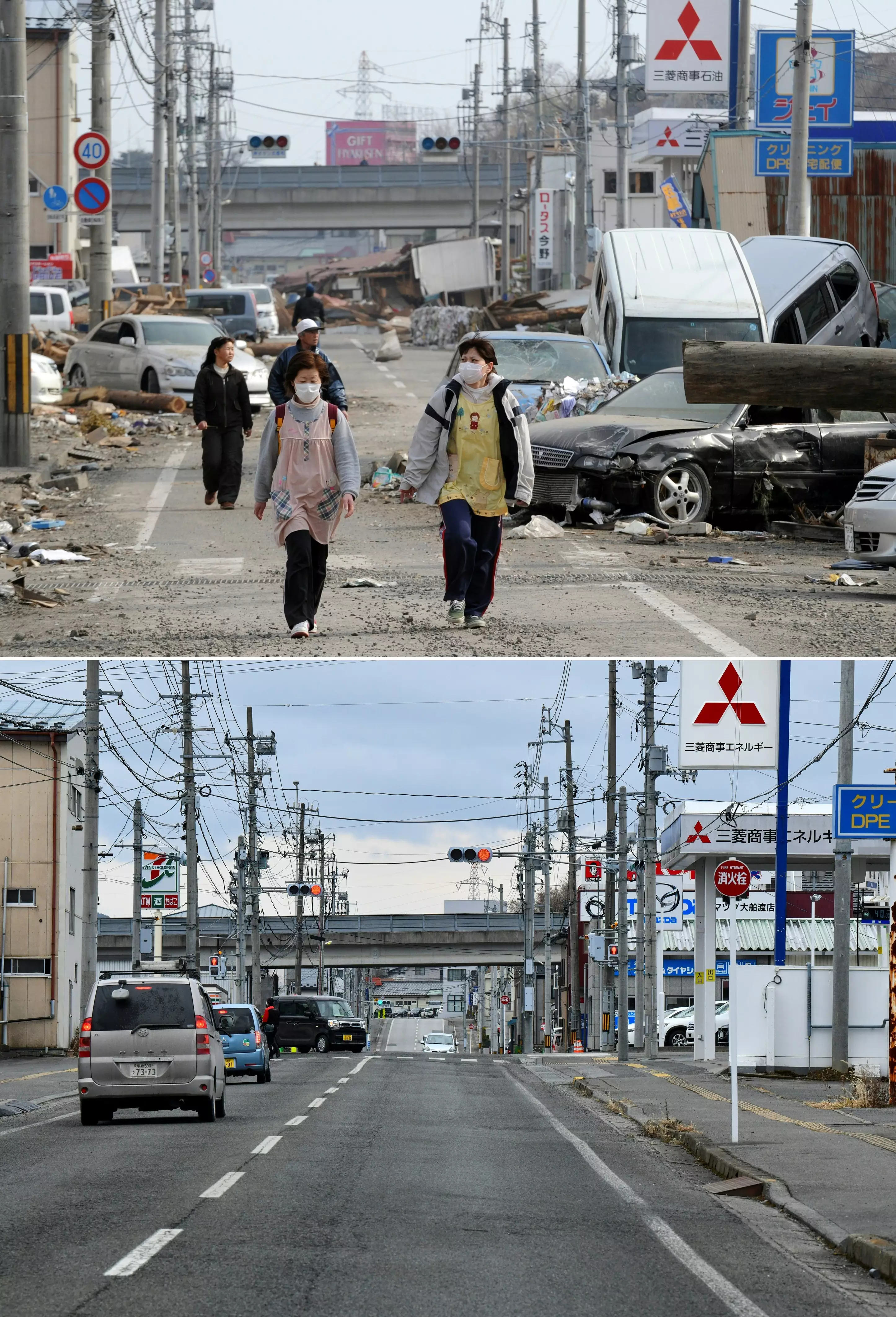Ofunato, Iwate prefecture pictured ten years apart.