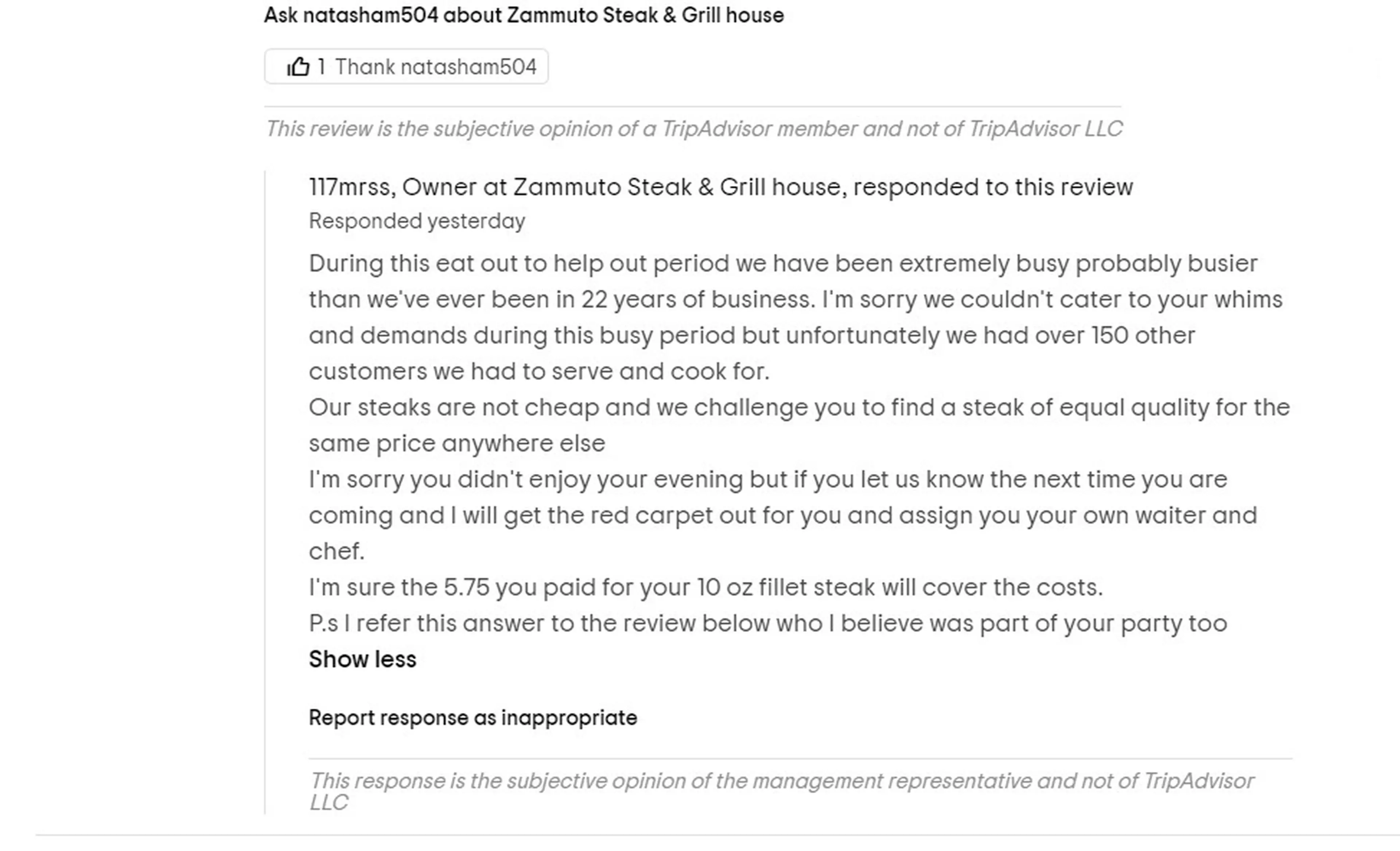Restaurant boss Giuseppe Zammuto left a rude reply (