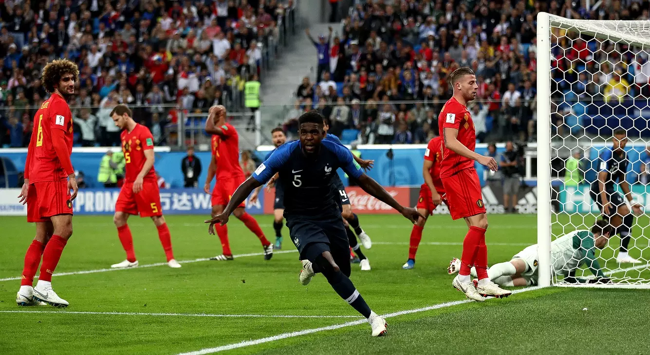 Samuel Umtiti celebrated France's 1-0 lead.