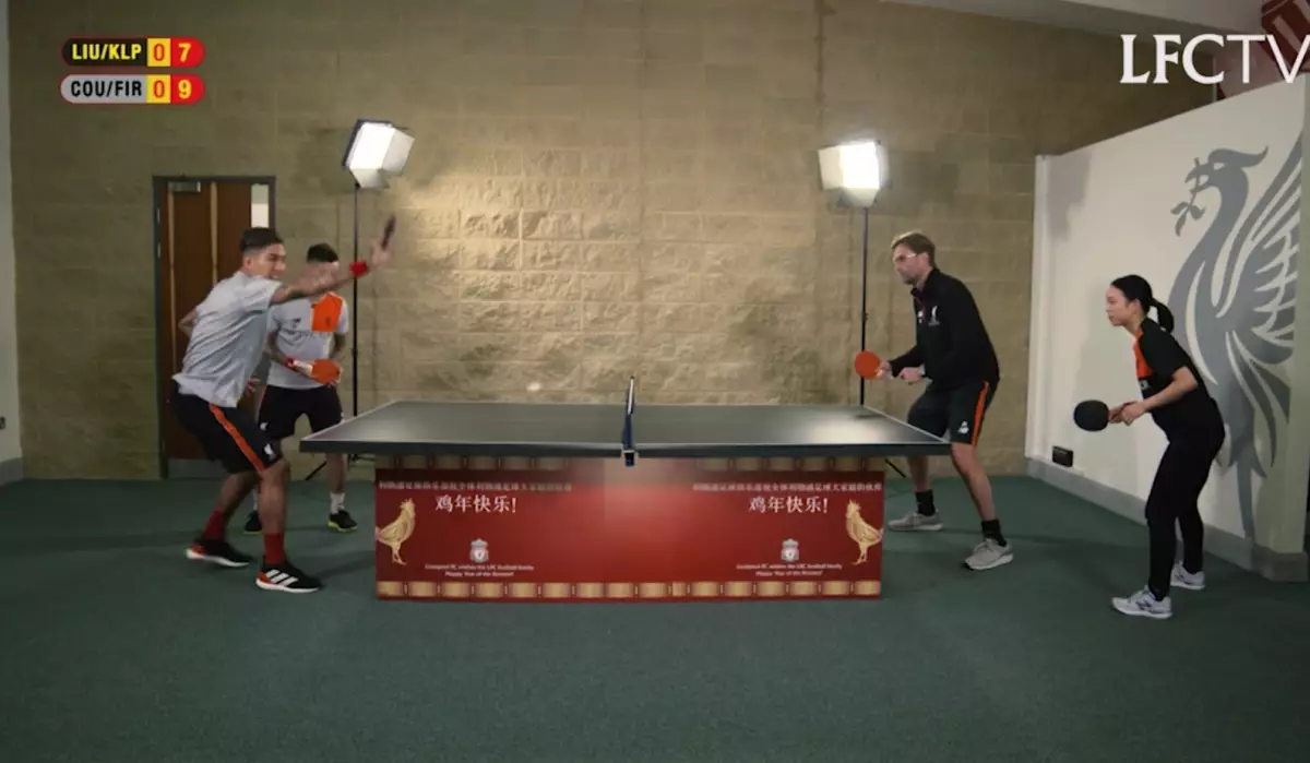 WATCH: Jurgen Klopp And Ping Pong Star Take On Roberto Firmino And Philippe Coutinho