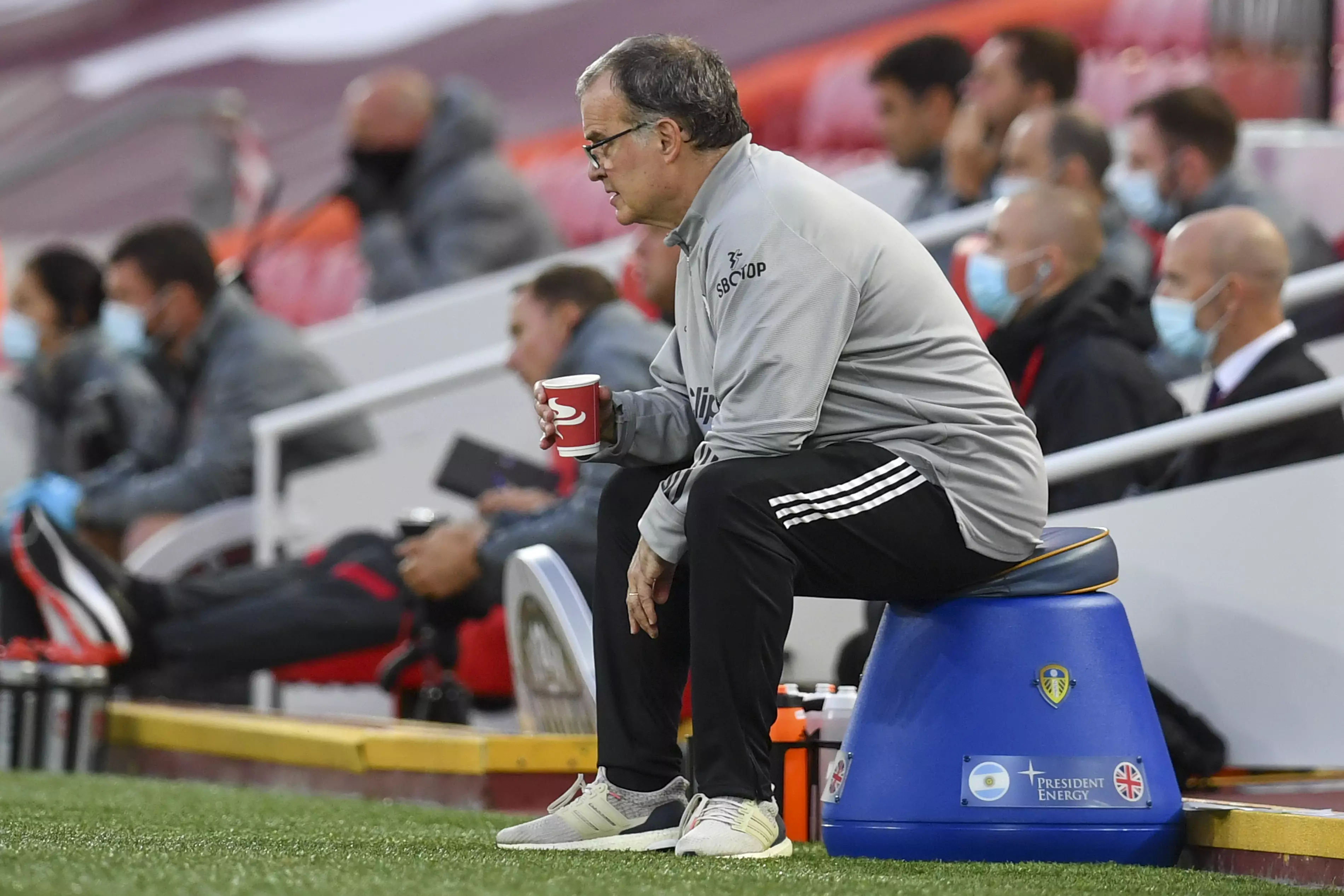 Bielsa sitting on his bucket at Anfield. Image: PA Images