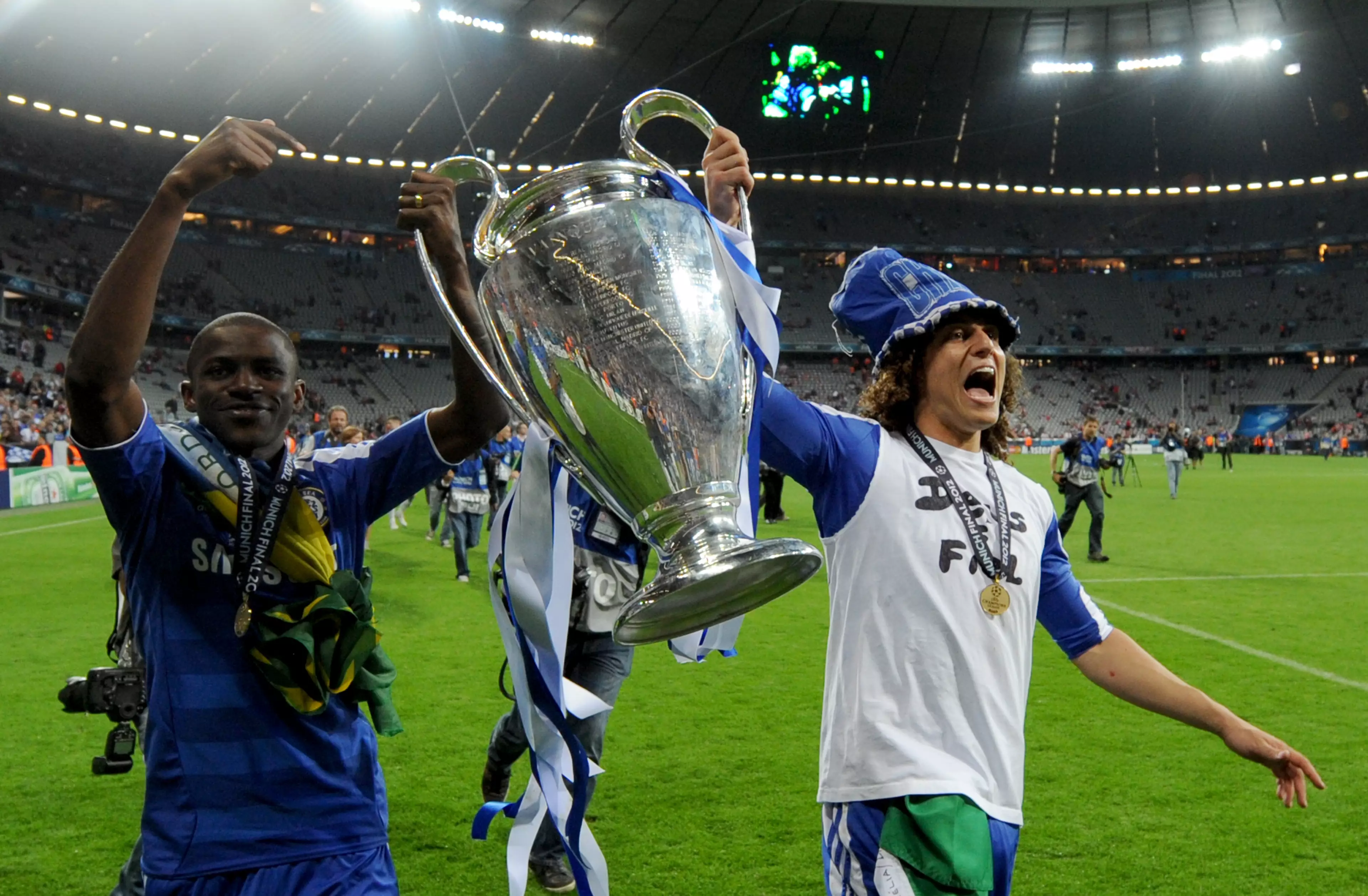 Ramires and fellow countryman David Luiz celebrate their Champions League victory. (Image