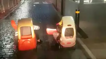 Two Kids Go Through McDonald's Drive-Thru In Little Tykes Toy Cars