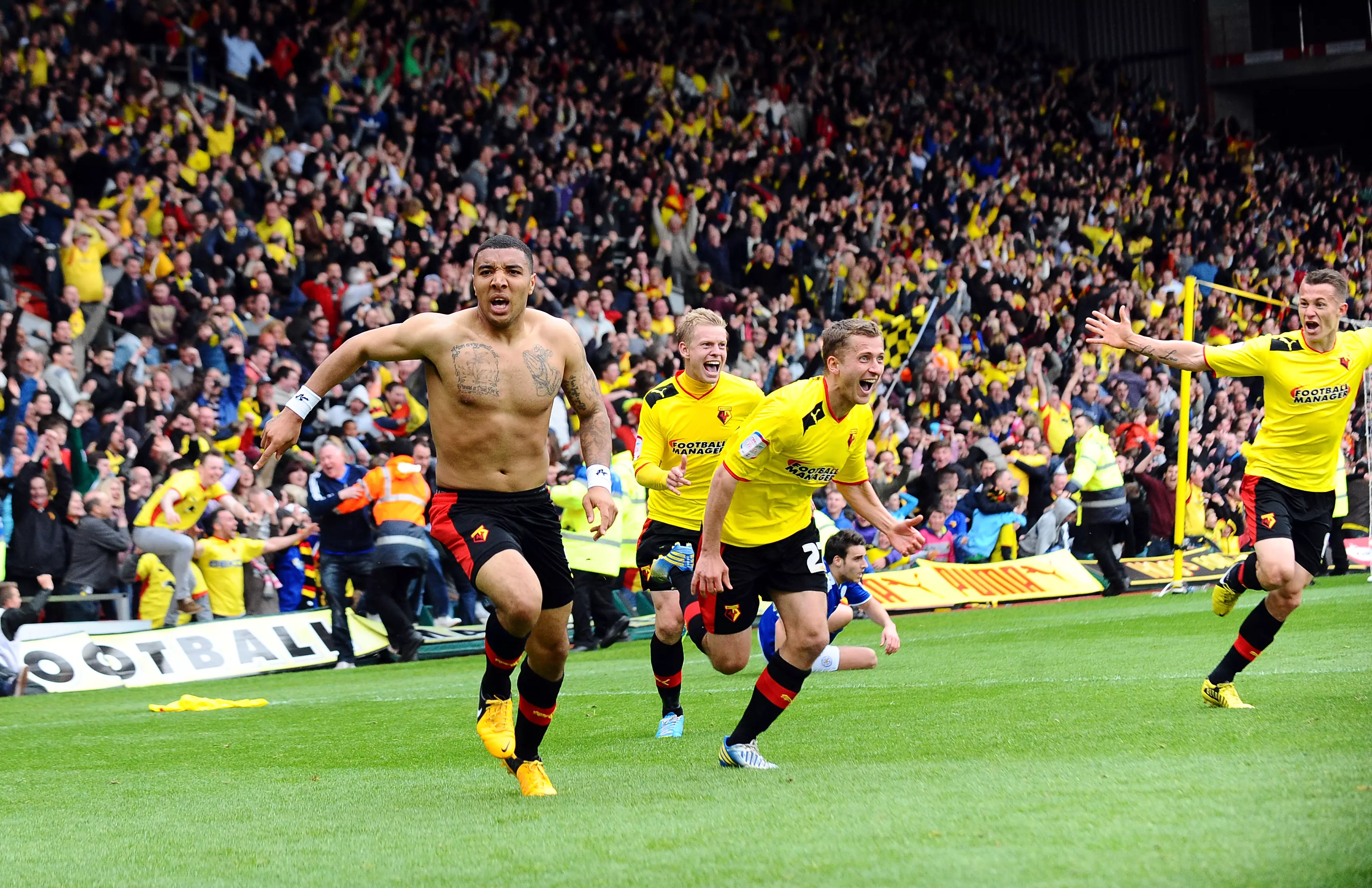 Scenes after Deeney's last minute winner. Image: PA Images