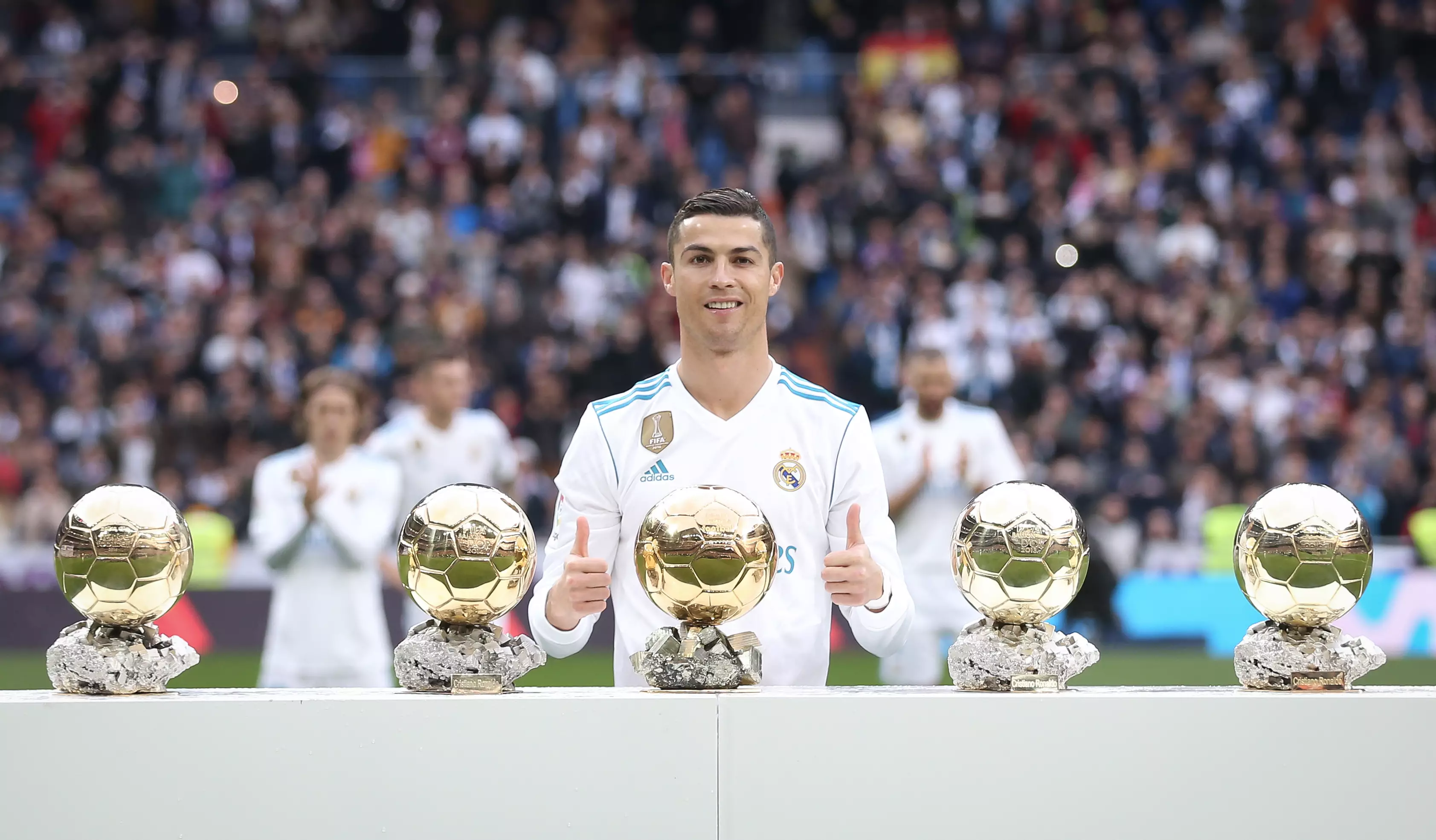 Ronaldo with his five awards last December. Image: PA Images