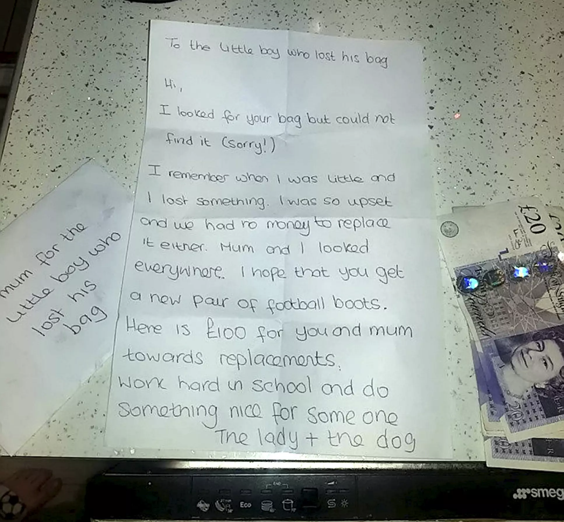 The Good Samaritan had tried to help Ashton find his bag and later went to search for herself before posting the £100 through their letterbox along with a note (