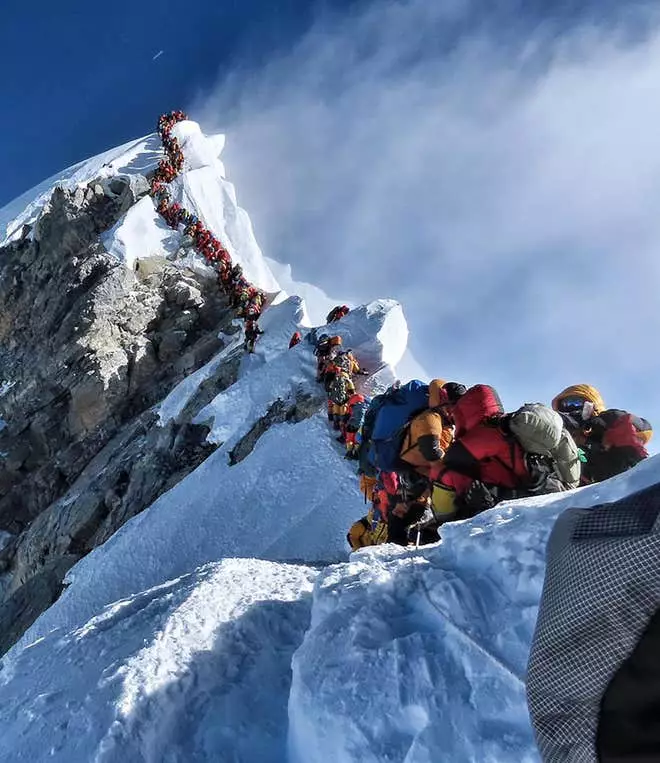 Some of the huge queues towards the summit of Everest.