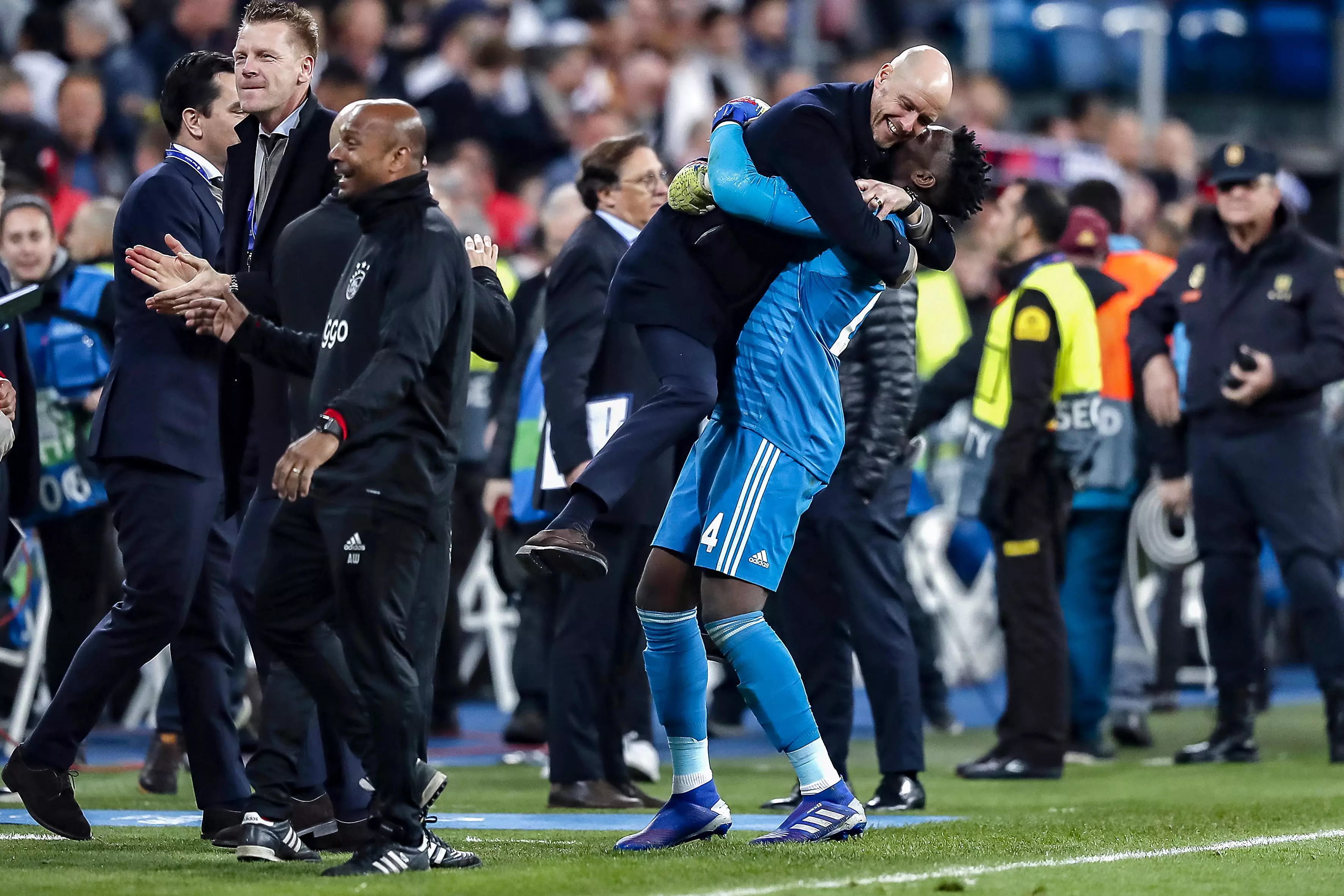 Ten Hag celebrates with Andre Onana after beating Real Madrid away in 2019. Image: PA Images