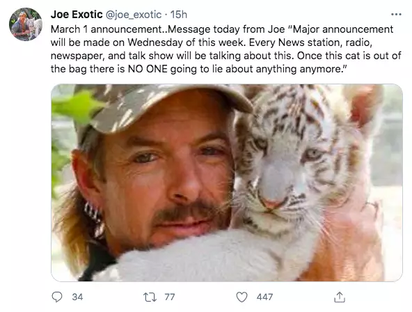 Joe Exotic has teased a major announcement on Twitter (