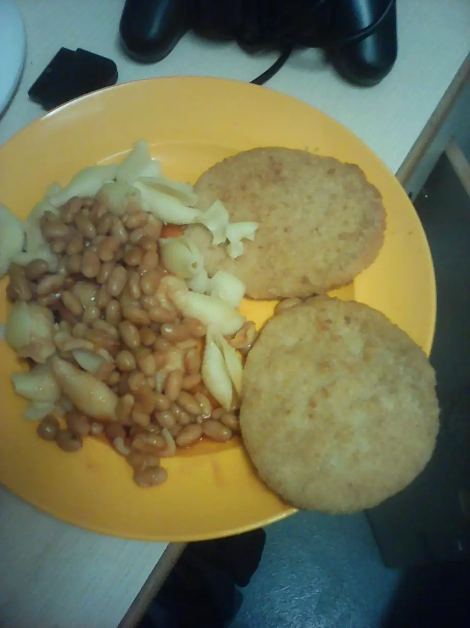 Chicken burgers, beans and chips.