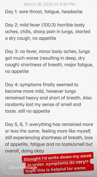 Rachel posted the symptoms on her Instagram stories (