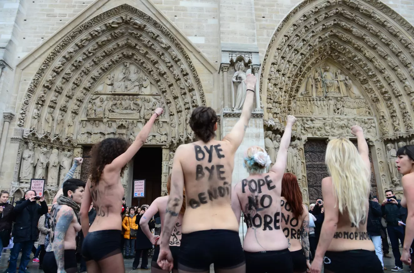 'Femen' activists demonstrate in front of Notre-Dame in 2013 to mark the decision of Pope Benedict XVI to resign.