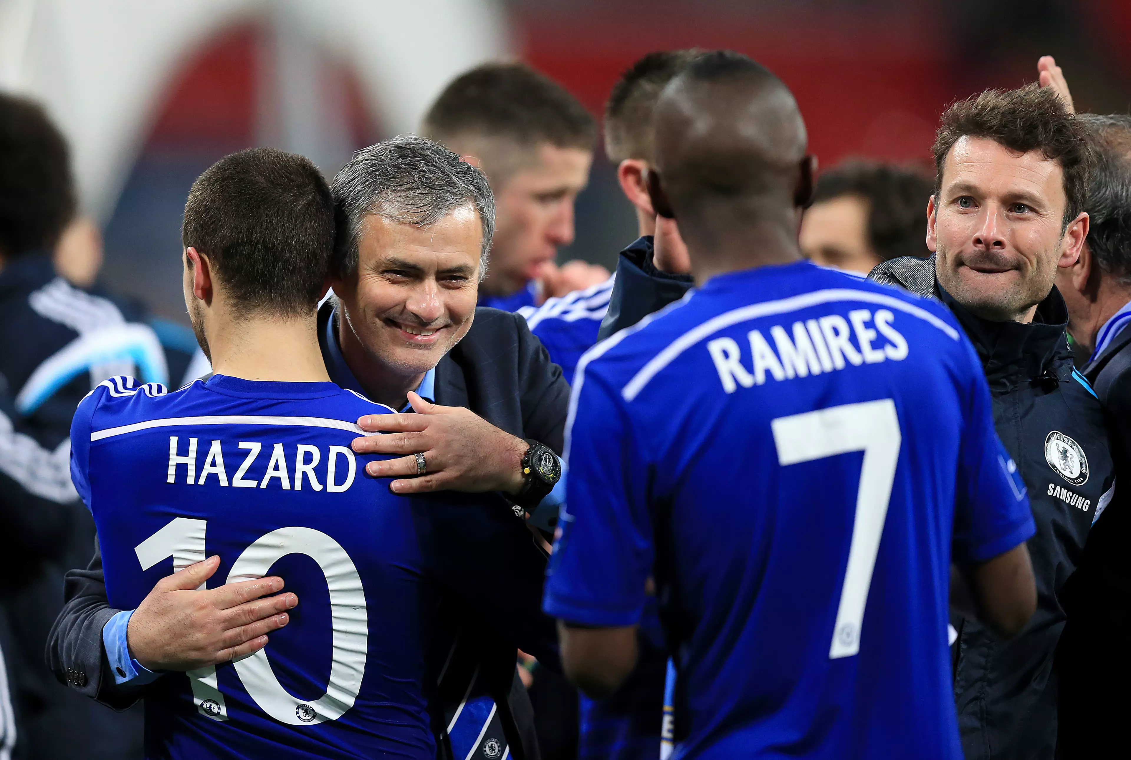Mourinho hugs Hazard after winning the Capital One Cup. Image: PA Images