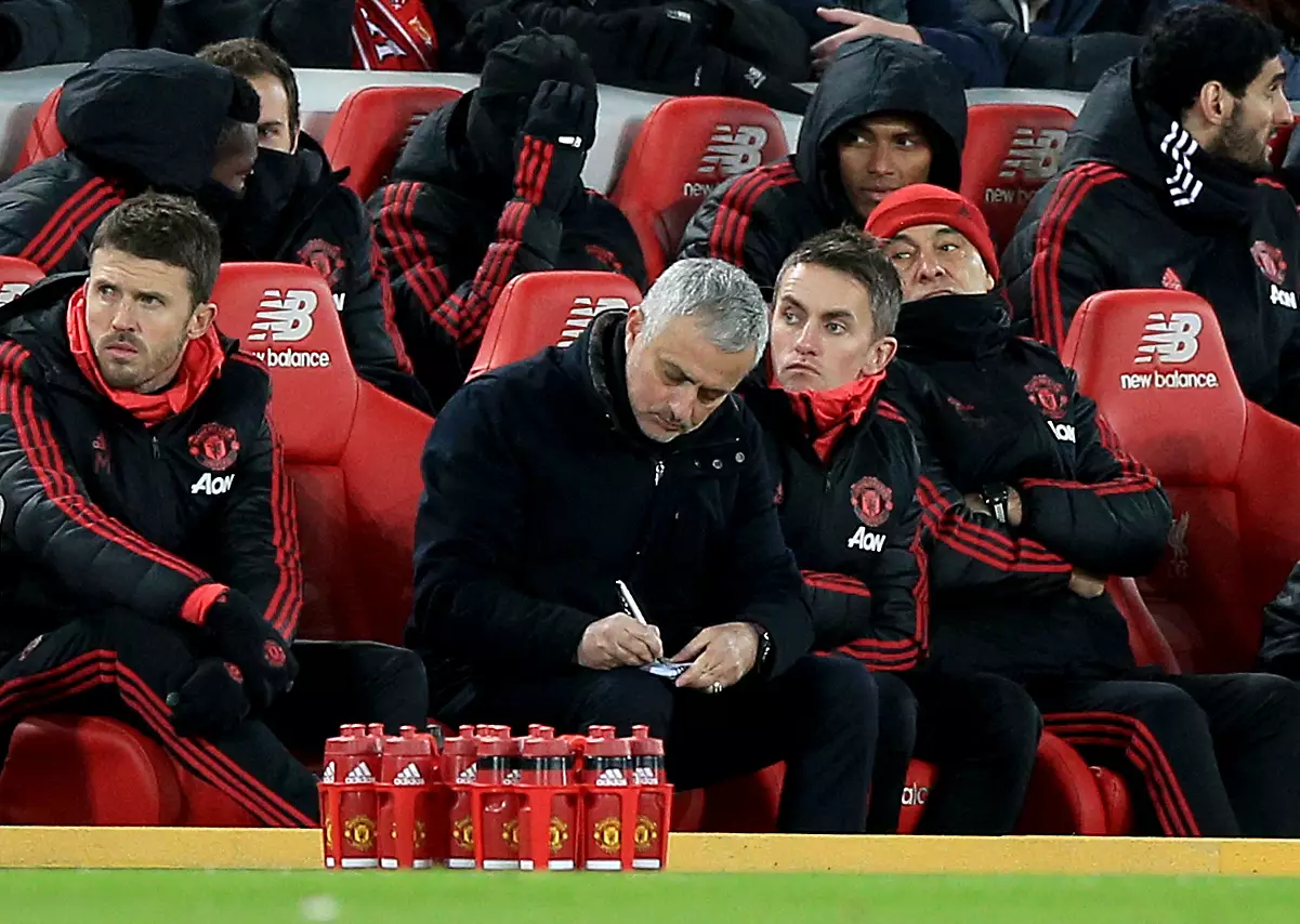 Mourinho circling the job vacancies during the loss to Liverpool. Image: PA Images
