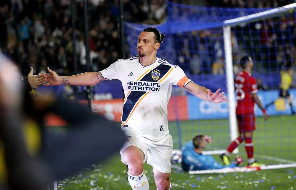 Zlatan celebrates his first of the season. Image: PA Images