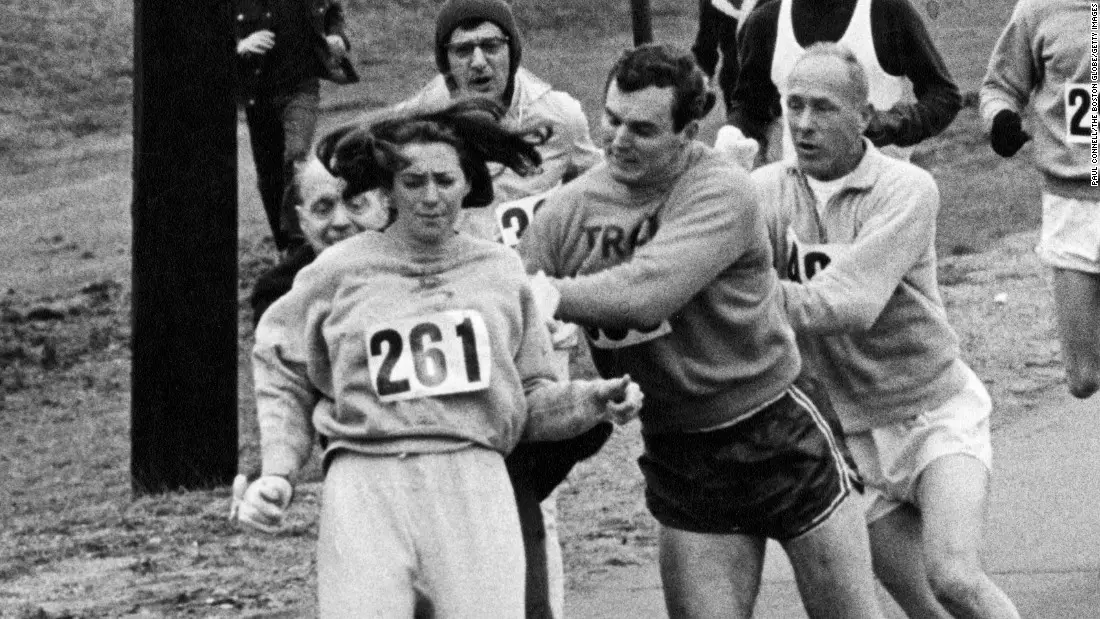 Race director Jock Semple attempts to remove Kathrine during the 1967 marathon.