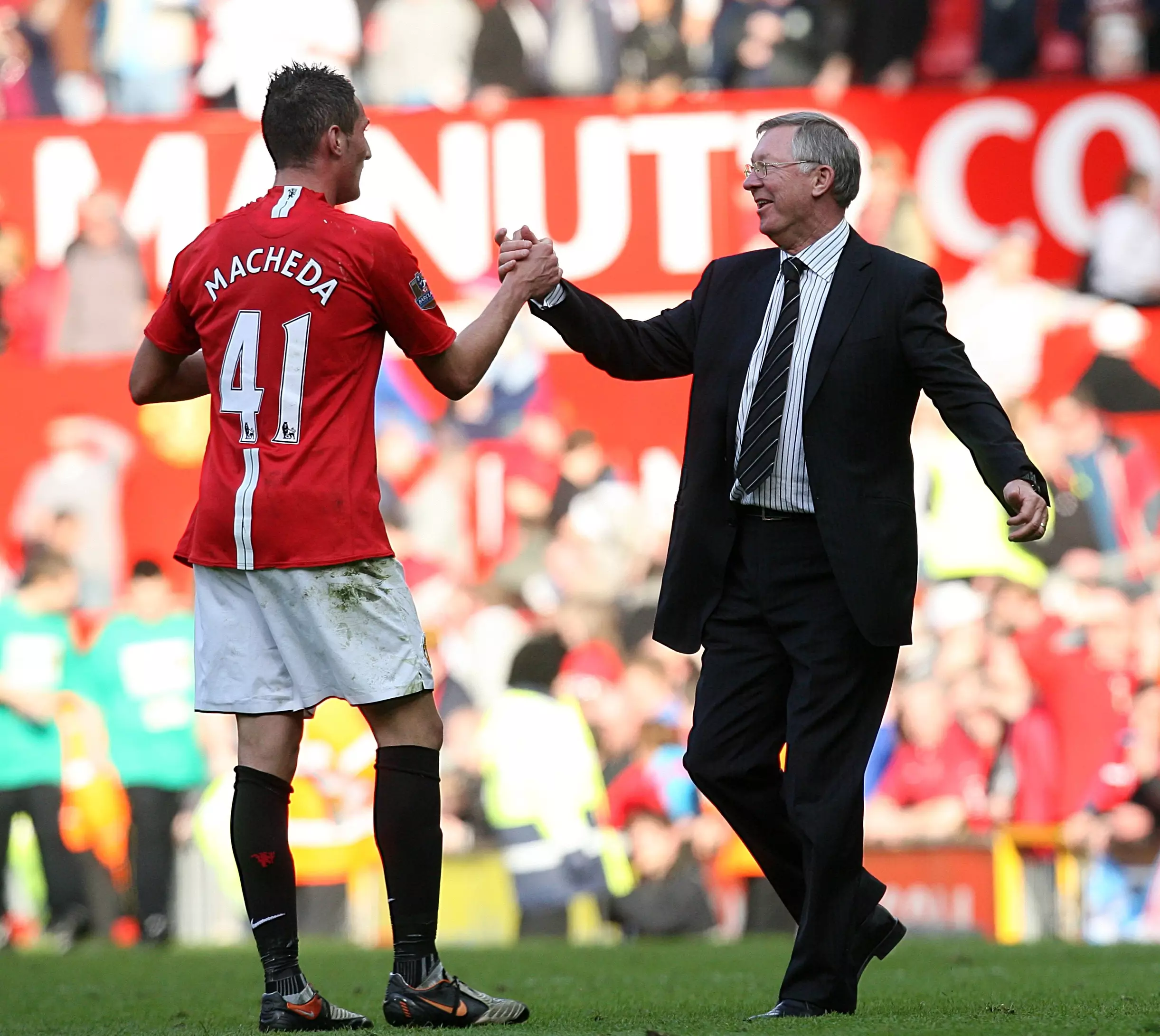 Macheda is congratulated by Sir Alex. Image: PA