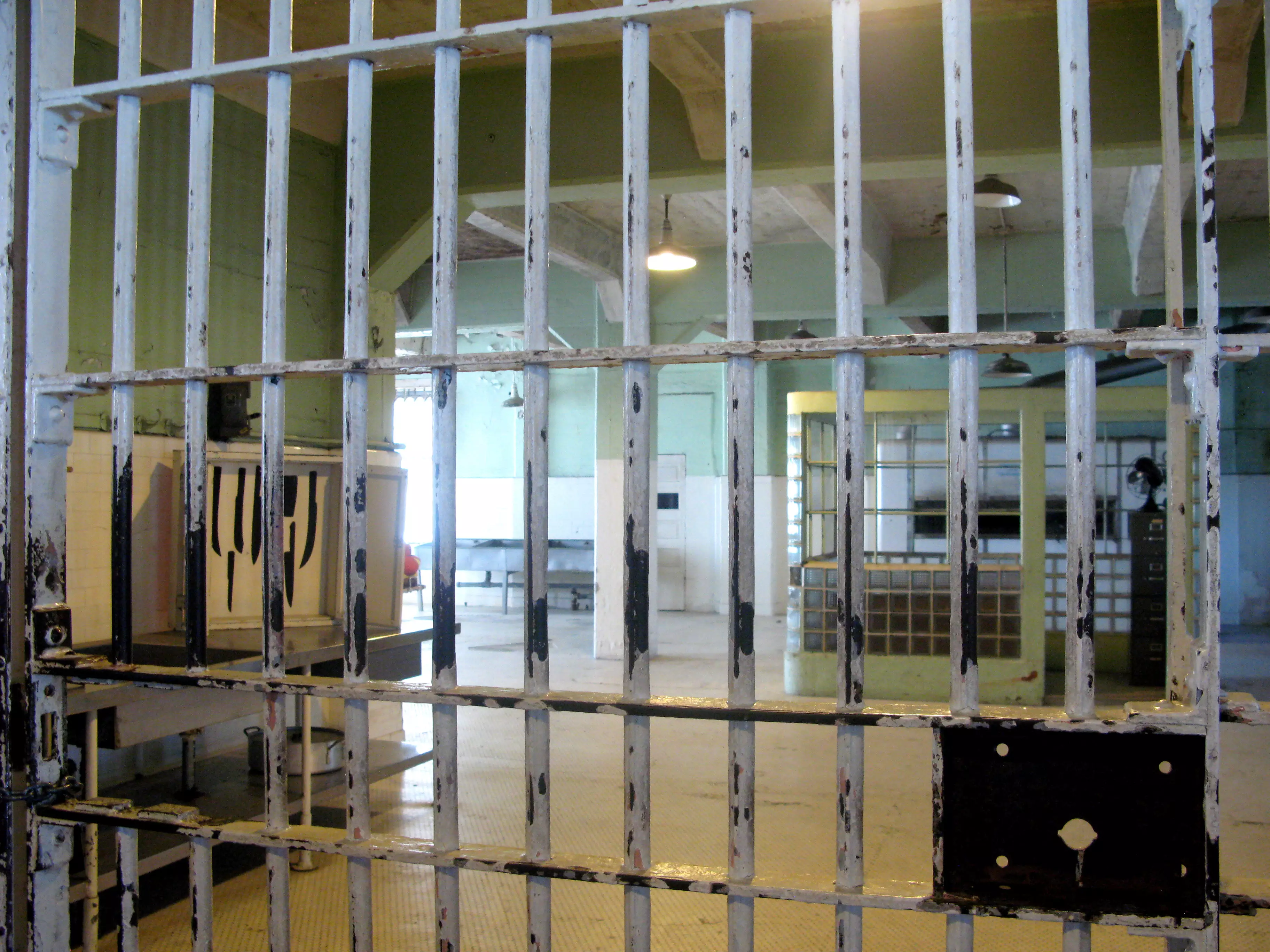 View from the mess hall to the kitchen at infamous Alcatraz prison.