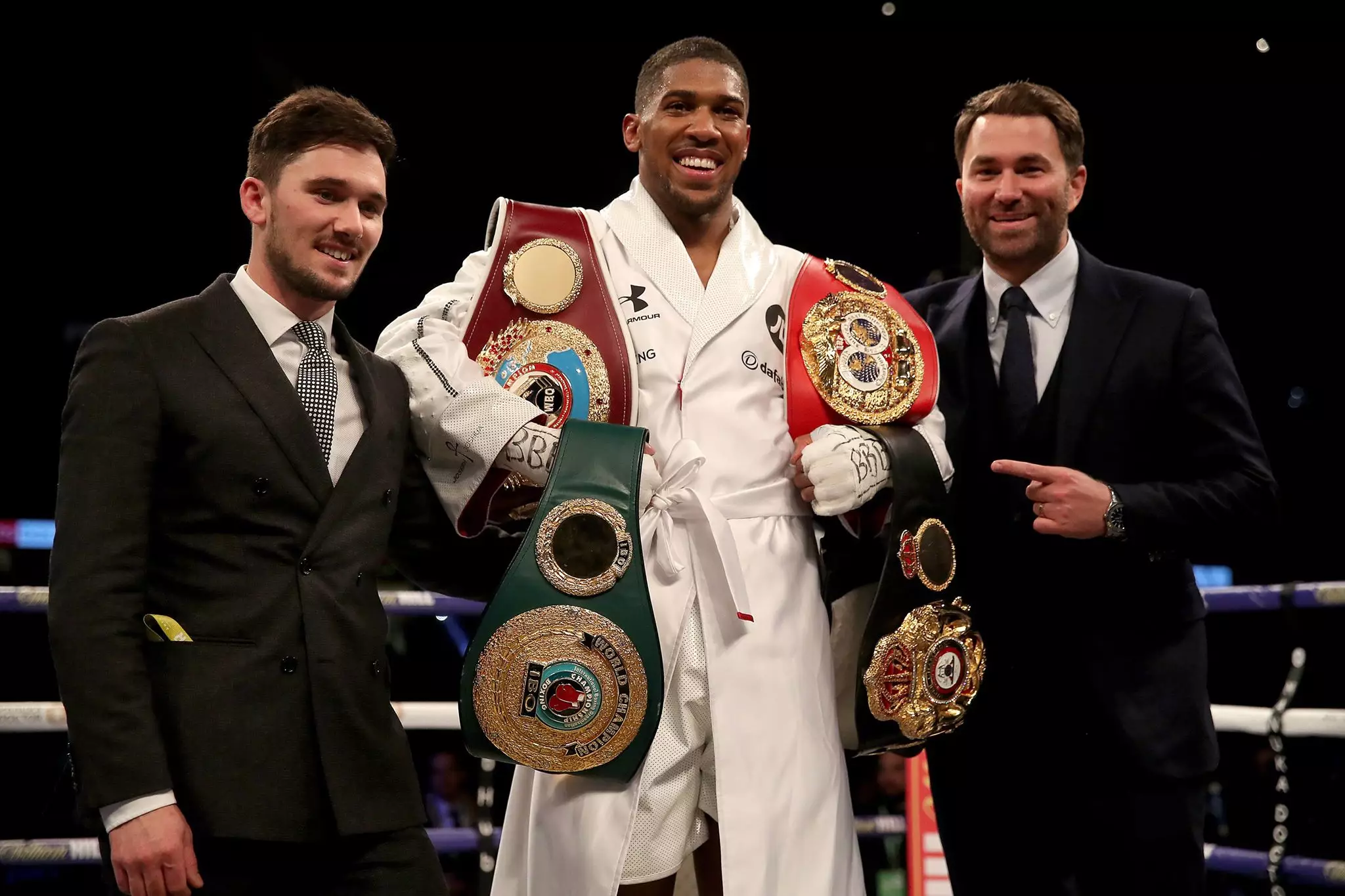 Joshua with his manager and promoter after Joseph Parker fight. Image: PA
