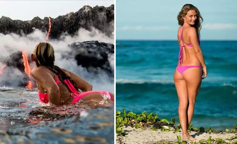 This Woman Nonchalantly Surfs Away From Molten Lava Spewing From A Volcano 