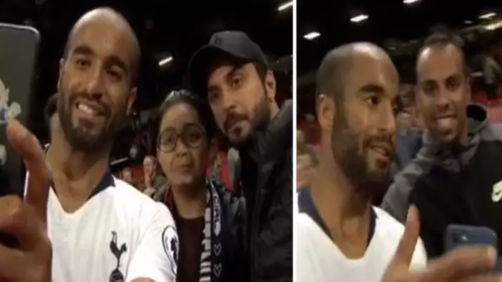 Manchester United Supporters Pose With Lucas Moura Following Spurs Defeat