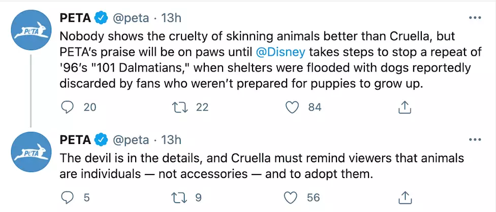 PETA posted a statement hours after the Cruella trailer premiered (