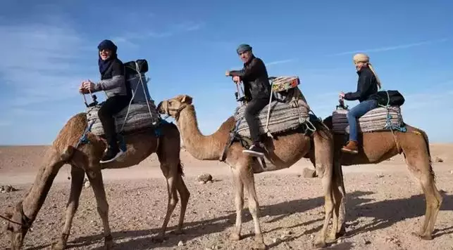 The trio begin on camels.